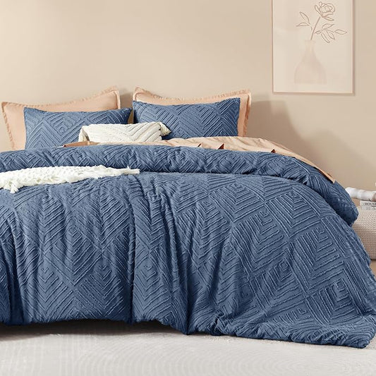 Litanika Ocean Blue Queen Comforter Set, 3 Pieces Tufted Boho Farmhouse Bedding Comforter Sets, Lightweight Fluffy Comforter Bed Set for All Season (90x90In Comforter and 2 Pillowcases)