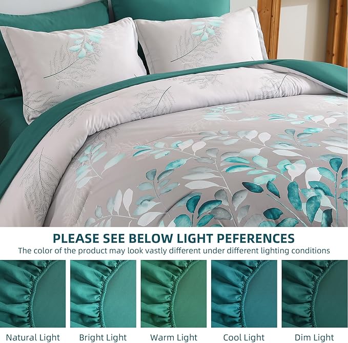 Anibedding Teal Green Floral Comforter Set Queen, 7 Piece Green Botanical Gradient Leaves Ultra Soft Microfiber Down Alternative Bedding Set with Sheets and Bedroom for All Season