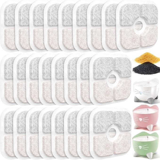 25 Pack Cat Fountain Filter Compatible With Catit PIXI Drinking Fountain | Replacement Triple Action Water Filter with Ion-exchange Resin & Activated Carbon, White