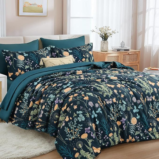 Yiran Blue Twin Comforter Set with Sheets, 6 Piece Floral Bed in a Bag with Botanical Flowers Patterns, Botanical Bedding Set, Soft Microfiber Complete Bedding Set with Sheets for All Season