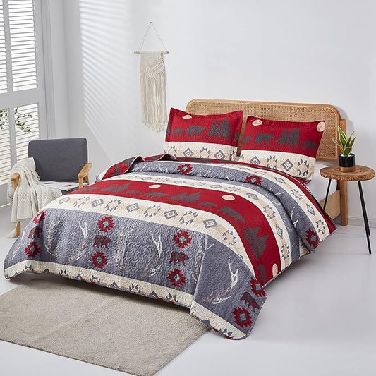 Ycosy Lodge Bear Quilt Set Full/Queen Size Cabin Rustic Bedspread Coverlets Reversible Quilts Lightweight Lodge Bedding Set Bear Sunset Printed Bed Covers,1 Quilt + 2 Pillow Shams