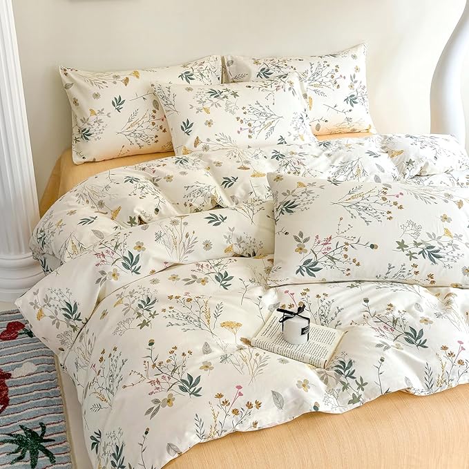 HighBuy Girl Yellow Floral Comforter Set Twin XL Vintage Botanical Comforter Set 3 Piece Boho Chic Fluffy Comforter for College Teen,1 Floral Comforter with 2 Pillowcases,All Season