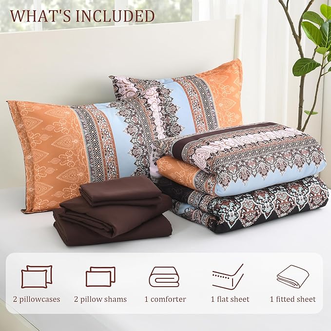 Boho King Size Comforter Set - 7 Pieces Bed in a Bag Bohemian Striped Comforter Set with Sheets, Soft Microfiber Brown Floral Bedding Sets for All Seasons (Brown, King)