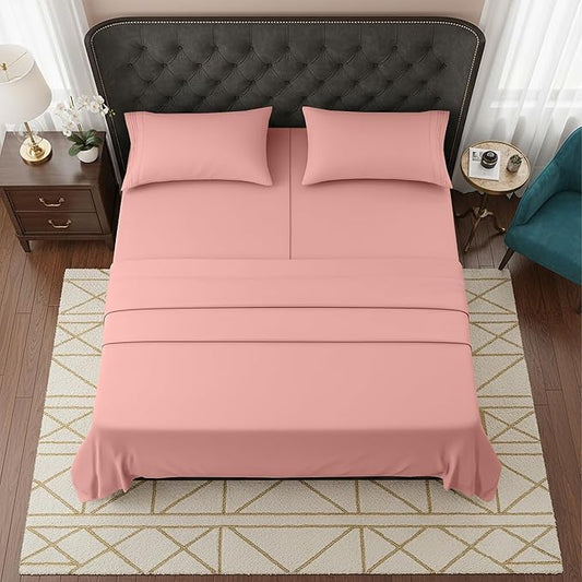 Elegant Comfort Luxurious 1500 Premium Hotel Quality Microfiber Three Line Embroidered Softest 5-Piece Bed Sheet Set, Wrinkle and Fade Resistant, Split King, Dusty Rose