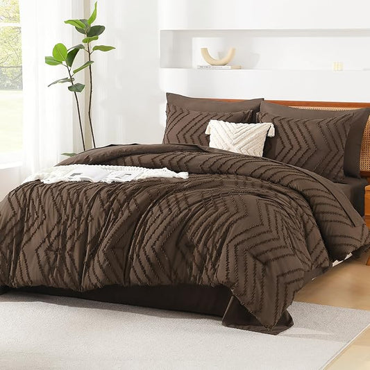 Litanika Super King Plus Size Comforter Set with Sheets Brown - 7 Pieces Bed in a Bag Oversized King Boho Tufted Complete Bedding Sets with Comforter, Sheets, Pillowcases & Shams