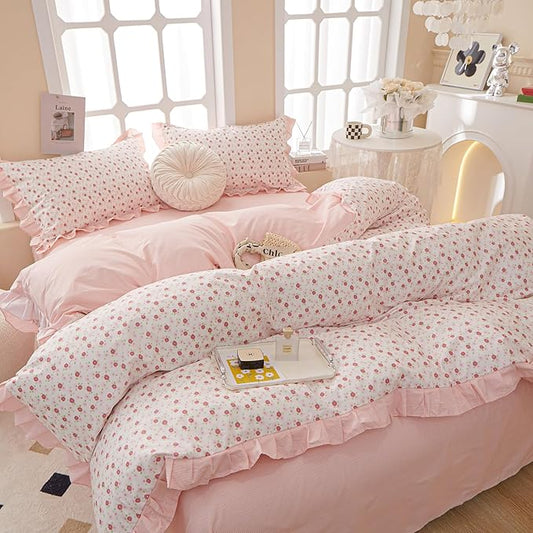 HighBuy Pink Floral Queen Comforter Set Ruffled Coquette Cottagecore Bedding Comforter for Women Girl Lightweight Fluffy Flower Comforter Set 1 Pink Striped Comforter with 2 Pillowcases