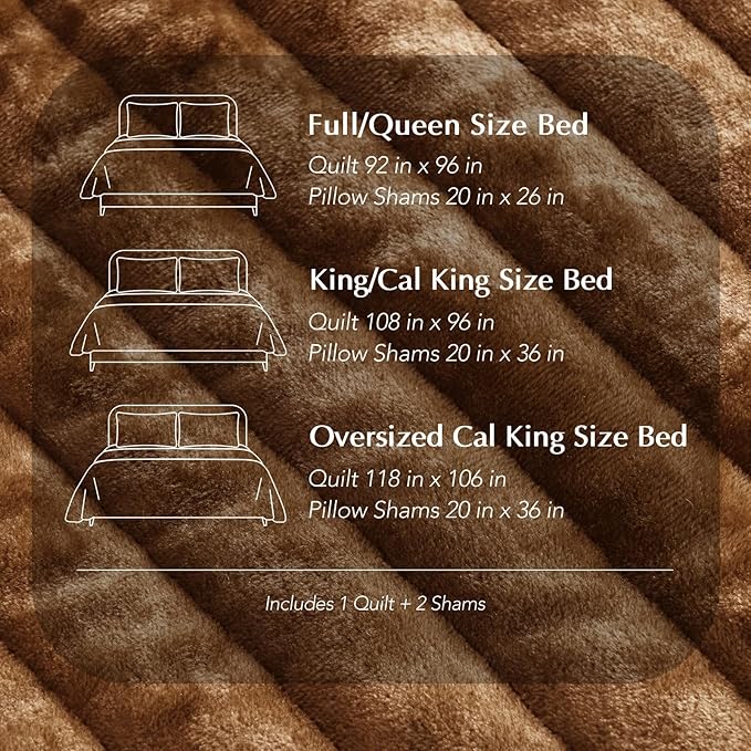 EVERGRACE Velvet Quilt Set King Size, Luxurious Soft Striped Channel Bedding Set, Lightweight Velvet Comforter for All Season, Oversized Bedspread Coverlet with 2 Matching Shams, Dark Brown