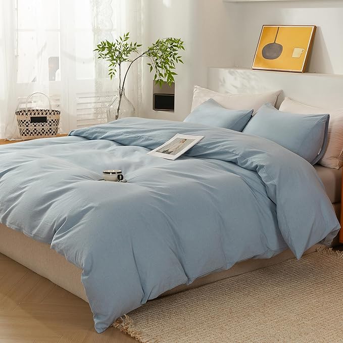 ECOCOTT 100% Washed Cotton Duvet Cover California King Size – Soft & Breathable Linen Feel Bedding Set, 3 Pieces Light Blue Comforter Cover with Zipper Closure for All Seasons