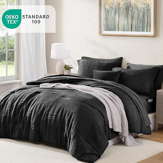 MaiRêve Queen Comforter Set Black, Textured Design Crinkle Bedding Sets 7 Pieces, All Season Bed in A Bag with Comforter, Sheets, Pillowcases & Shams