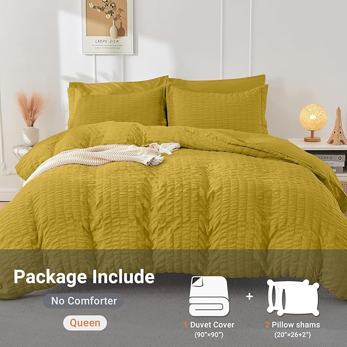 HYMOKEGE Mustard Yellow Duvet Cover Queen Size, Ultra Soft 3-Piece Seersucker Duvet Cover Set with Zipper Closure, Soft Brushed Microfiber Bedding Set with 8 Corner Ties (90"x90", 2 Pillowshams)