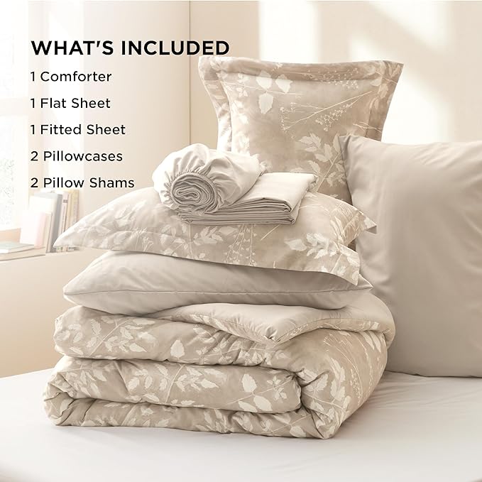 Bedsure Full Size Comforter Set - 7 Pieces Floral Beige Soft Bedding Sets, Full Bed in a Bag with Botanical Flowers Comforter, Sheets, Pillowcases & Shams