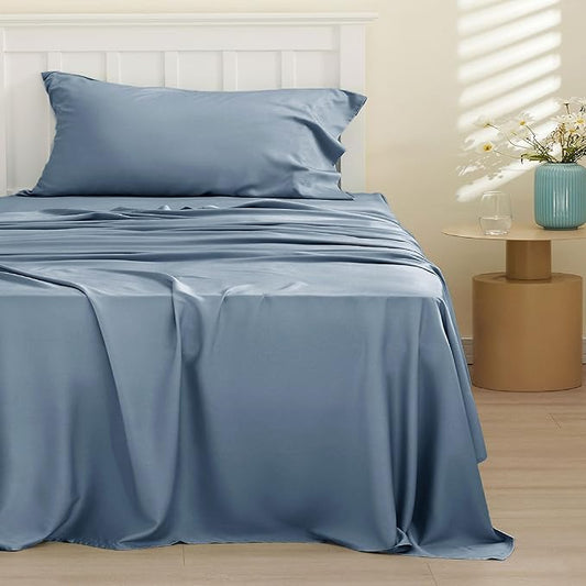 Bedsure Cooling Sheets Twin XL, Rayon Derived from Bamboo, PureWoven, Breathable & Soft Twin XL Sheet Sets, Deep Pocket Up to 16 Inches, Hotel Luxury Silky Dorm Bedding for Hot Sleepers, Dusty Blue