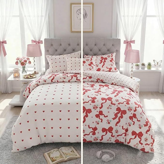 Red Bow Comforter Set King Szie for Girls, 3Pcs Ribbon Bowknot Bedding for Kids Kawaii Bedroom Decor, Dreamy Priness Girly Puple Stripe Bows Comforter Set with 2 Pillowcases, 104"x90"