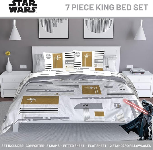 Jay Franco Comforter Set Includes Sheets and Pillow Covers - Soft and Cozy Bed Set for Stylish Room Decor, White - Star Wars, 7 Piece King Bedding