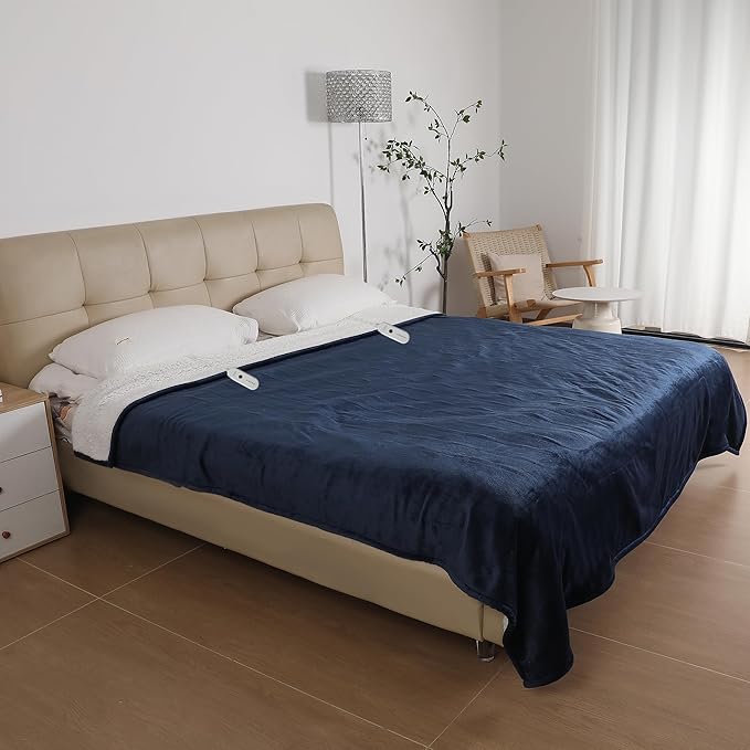 ESTINGO Heated Blanket Queen Size, Soft Queen Heated Electric Blanket, Machine Washable Plush Heated Blanket with Dual Control 5 Heating Levels & 10 Hours Auto Off, 84" x 90", Navy Blue