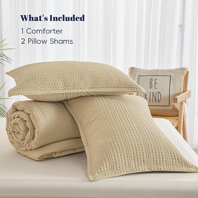 PHF Soft Waffle Comforter Set King Size- Comfy Breathable Waffle Weave Comforter with 2 Pillow Shams, 3 Pieces Less Snagging Lightweight Textured Bedding Set for All Season, Light Khaki
