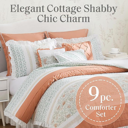 Madison Park Dawn 100% Cotton Shabby Chic Comforter Set-Modern Cottage Design All Season Down Alternative Bedding, Matching Shams, Bedskirt, Decorative Pillows, King(104"x92"), Coral 9 Piece