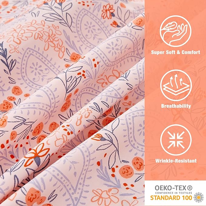 JSD Pink Paisley Floral Sheet Set Full Size, 4 Piece Soft Printed Microfiber Sheets Extra Deep Pocket