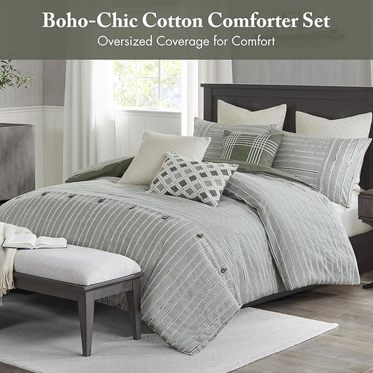 Madison Park Queen Comforter Set Cotton Clipped Jacquard, Oversized Comforters Queen Size Bed, All Season Down Alternative Overfilled Queen Size Comforter, Essence, Full/Queen Green 8 Piece
