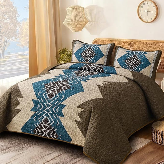 Dintszyayue Brown Boho Quilt Set Queen, Aztec Western Quilt Bedspread Set, 3 Pieces Texture Bedspread Southwestern Bedding Set, Soft Lightweight Coverlet Set for All Season with 2 Pillowcases