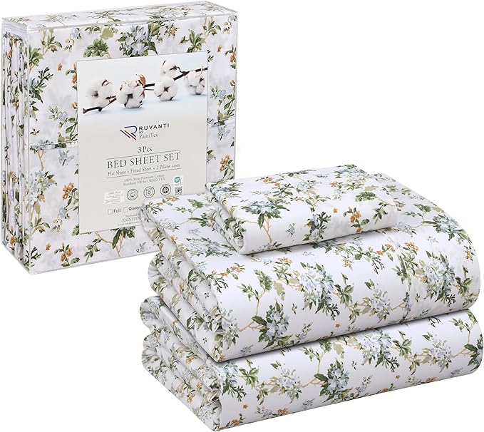 RUVANTI 100% Cotton Sheets – Twin Size Percale Bedding, Cooling & Breathable Floral Design, Durable with a Crisp, Soft & Comfortable Feel, 16" Deep Pocket, 3-Piece Set, Heritage