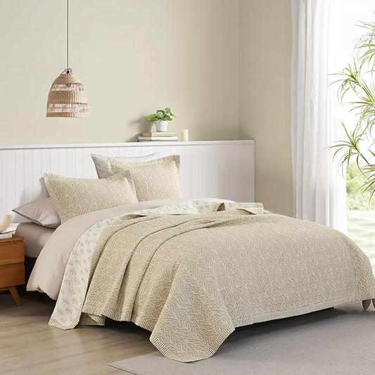SahSahCasa Quilt Set Queen Size, 100% Cotton Quilt Bedding Set Bedspread, Botanical Pattern Solid Color Chic Lightweight Quilted Comforter for Queen Bed, White/Oatmeal, All Season, 3 Pieces