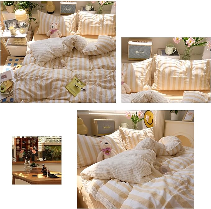 Salmon Pink Striped Duvet Covers Full Hotel Pattern Comforter Cover Full Size Boho Cute Dorm Cozy Duvet Cover Set with 2 Pillow Cases Neutral Teen Girl Bedding Washed Microfiber Duvet Protector
