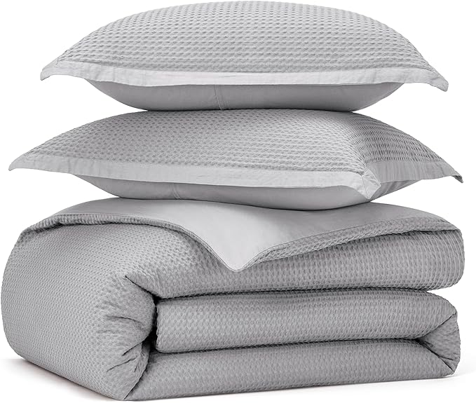 Bedsure Cotton Duvet Cover Set - 100% Cotton Waffle Weave Grey Duvet Cover Oversized King Size, GentleSoft™ and Breathable Bedding Set for All Season, 3 Pieces, 120"x98"