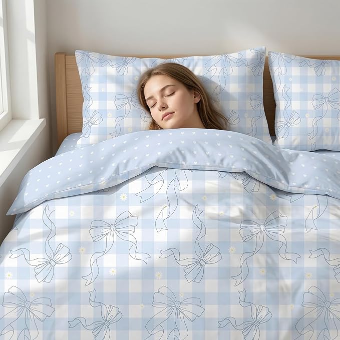 Blue Gingham Queen Comforter Set 3 Pcs Bow Bedding Set for Girls Checkered Plaid Comforter Set with 2 Pillowcases, 90"x90"