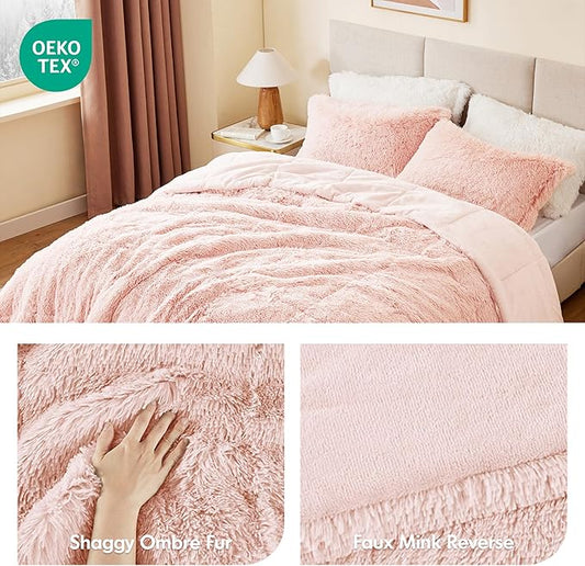 Intelligent Design Malea Shaggy Comforter Set, Long Faux Fur Cozy Down Alternative, Modern Casual Ultra Soft All Season Fluffy Bedding with Matching Sham, King/Cal King, Blush 3 Piece