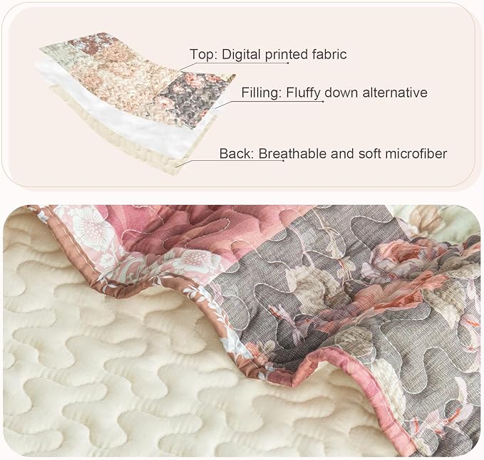 Whale Flotilla Patchwork Quilt Twin Size, Soft Boho Floral Bedspreads for Bed Reversible Lightweight Twin Quilt Bedding Set Coverlets with 1 Pillow Sham for All Seasons, Vintage Red Flowers