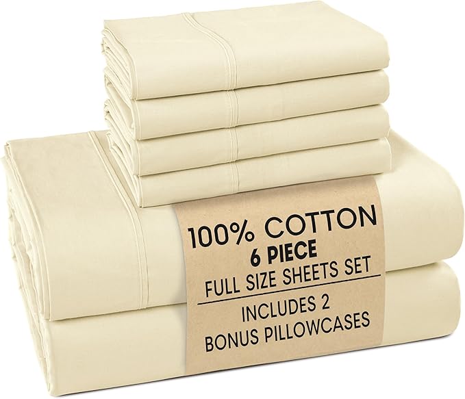 Casa Platino Full Bed Sheets – Breathable 6 Piece Percale Cooling Full Sheets with Crisp Feel, with 15 Inch Deep Pocket Fitted Sheet, Ultra Soft & Cozy Feel, Fit – Ivory