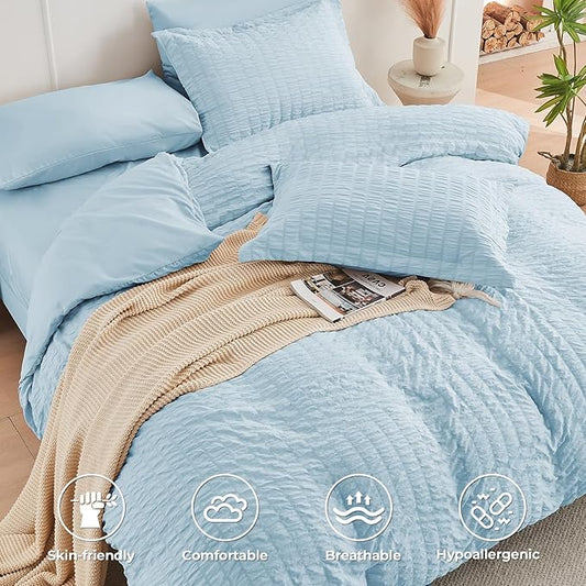 HYMOKEGE Lake Blue Duvet Cover Full Size, Ultra Soft 3-Piece Seersucker Duvet Cover Set with Zipper Closure, Soft Brushed Microfiber Bedding Set with 8 Corner Ties (80"x90", 2 Pillowshams)