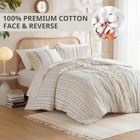INK+IVY Comforter for Queen Size Bed, Chenille Tufted, Breathable Cotton Comforter Set Queen, All Season Modern Boho Comforter with Farmhouse Bedding Flare, 2 Matching Shams, Queen Ivory 3 Piece