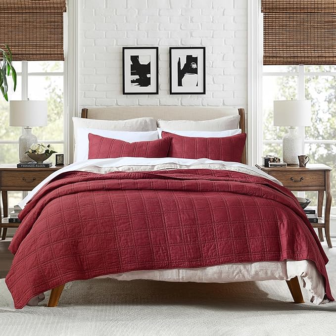 HORIMOTE HOME 100% Cotton Quilt Set King Size, Burgundy Red Pre-Washed Bedspreads Coverlet Set in Geometric Pattern, Cozy Lightweight Stitching Decorative Bedding Cover with 2 Shams for All Season