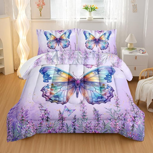 Lavender Comforter Set King Size,Violet Flower Butterfly 3 Piece Bedding Set Lightweight Down Alternative Spring Violet Bed Comforter and 2 Pillowcases for All Seasons