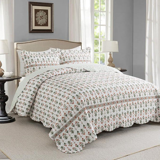 Travan 3-Piece Quilt Set Quilted Bedspread Lightweight Coverlet Set Garden Style Floral Printed Oversized Quilted Bedding Set for All Season, Orange Mirror, Queen Size