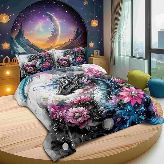 Castle Fairy Chinese Loong Comforter Set Toddler Size 2 Pcs,Wild Animals Dragon Bedding Set,Retro Flower Ink Wash Painting Quilt Set for Child Bedroom,Duvet Insert,1 Pillowcase