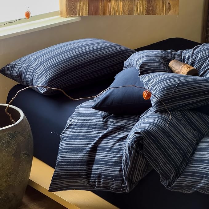 EAVD Retro Striped Duvet Cover Queen Navy Blue Soft 100% Washed Cotton Reversible Stripes Pattern Bedding Set with 2 Pillowcases Farmhouse Geometric Pattern Duvet Cover with Zipper Closure