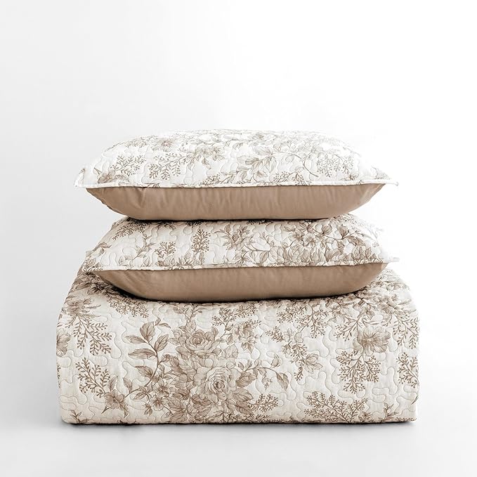 Wonderful Spring Fresh Quilt, Taupe Floral Bedspread King Size, 3 Piece Cotton Vintage Farmhouse Bedding Set, Machine Washable Lightweight Soft Bed Cover for All Season | breathable material, Hypoallergenic soft
