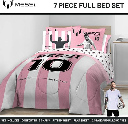 Jay Franco Kids Comforter Set Includes Sheets and Pillow Covers - Soft and Cozy Bed Set for Stylish Room Decor, Official Licensed Bedding, Pink - Messi, 7 Piece Full