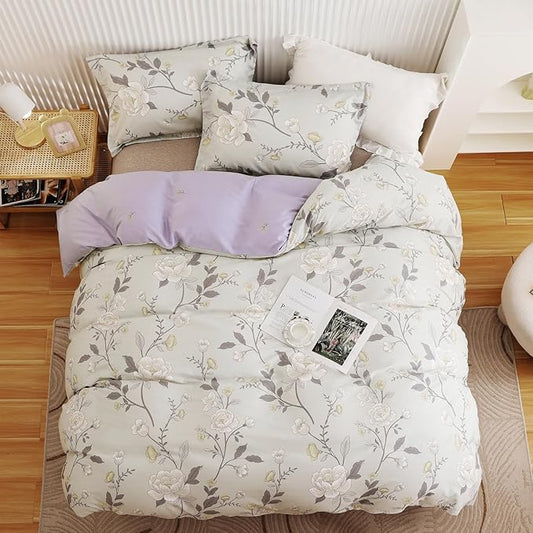 OAITE Duvet Cover Twin Size - 100% Cotton Comforter Cover Floral Duvet Cover Sets 3-PC, Breathable Duvet Cover with Zipper Closure & Corner Ties
