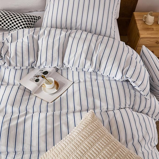 Merryword 100% Cotton Duvet Cover Set King Size, Blue and White Stripe Bedding Set, Soft Breathable Natural Cotton Duvet Cover with Pillowcases, Modern Coastal Style Bedding Set for All Seasons