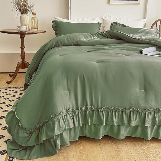 AIKASY Sea Green Comforters Twin Size Set, Vintage Boho Chic Farmhouse Bedding Sets Shabby Ruffle Queen Bed Comforter Bedding 3PCS(1 Comforter and 2 Pillowcases)