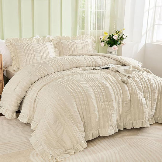 WONGS BEDDING Beige Textured Comforter Set King,3 Pieces Ruffle Farmhouse Shabby Chic Comforter for Queen Bed,Soft Seersucker Boho Bedding Set with 1 Ruffle Comforter,2 Tufted Pillowcases 104"×90"