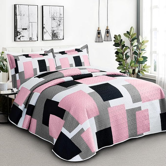 3 Piece Pink Grey Quilt Set King Size Pink Gray White Geometric Reversible Bedding Set Microfiber Lightweight Bedspread Coverlet with 2 Shams Modern Bed Cover for All Season, 106''x96''