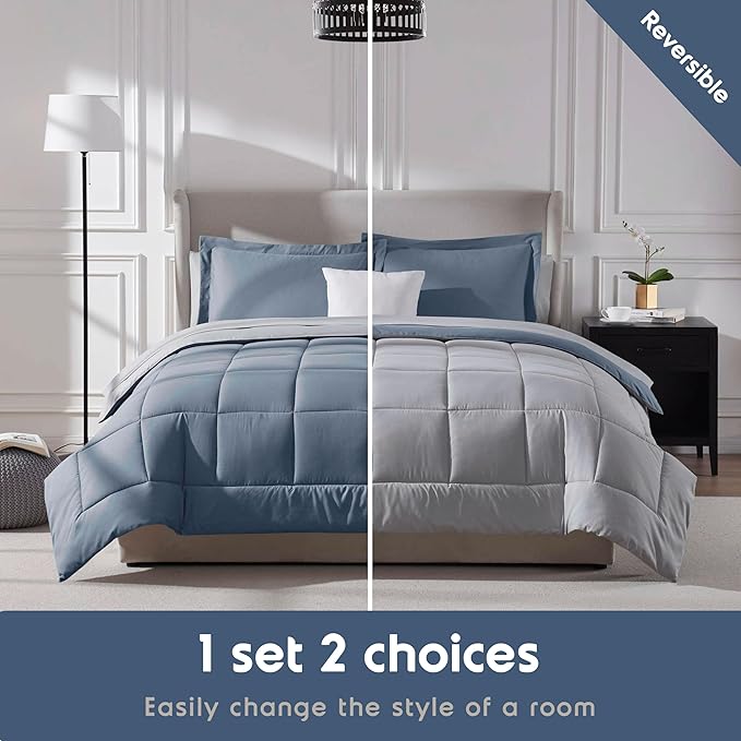 Nestl 7 Piece California King Comforter Set – Stone Blue Reversible Bed in a Bag – Complete Cal King Size Bedding Set with Sheets, Pillowcases and Shams