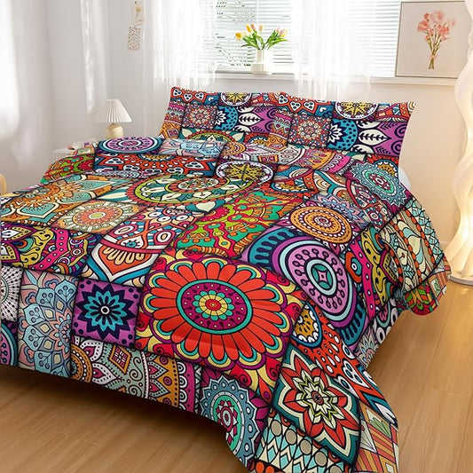 Colorful Bohemian Comforter Sets Queen Size,Geometry Bohemia Bedding Set for Your Room,Abstract Soft Lightweight Quilted Set All Season,1 Comforter and 2 Pillowcases