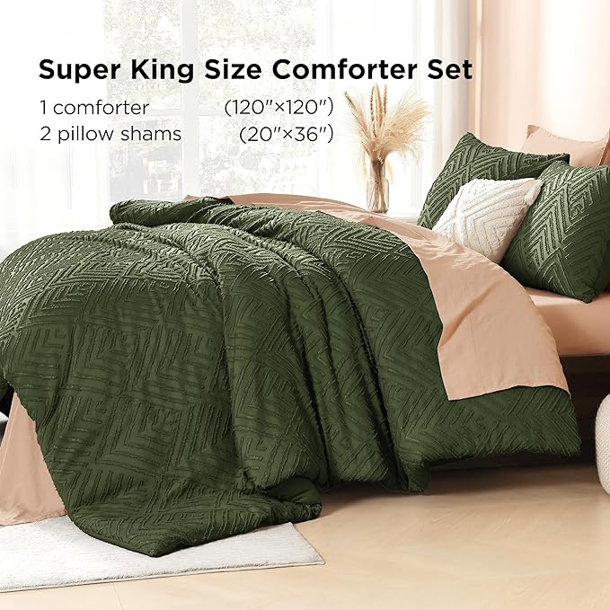 Litanika Super King Comforter Olive Green, 3 Pieces Tufted Boho Farmhouse Bedding Comforter Set, Lightweight Fluffy All Season Comforter Set (120x120In Comforter & 2 Pillowcases)