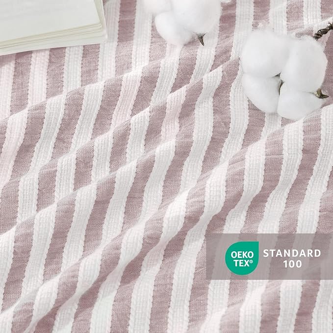 MILDLY Jacquard Stripe Duvet Cover - 100% Washed Cotton Pale Mauve Boho Textured Comforter Cover 3pcs with Zipper Closure 90"x90"